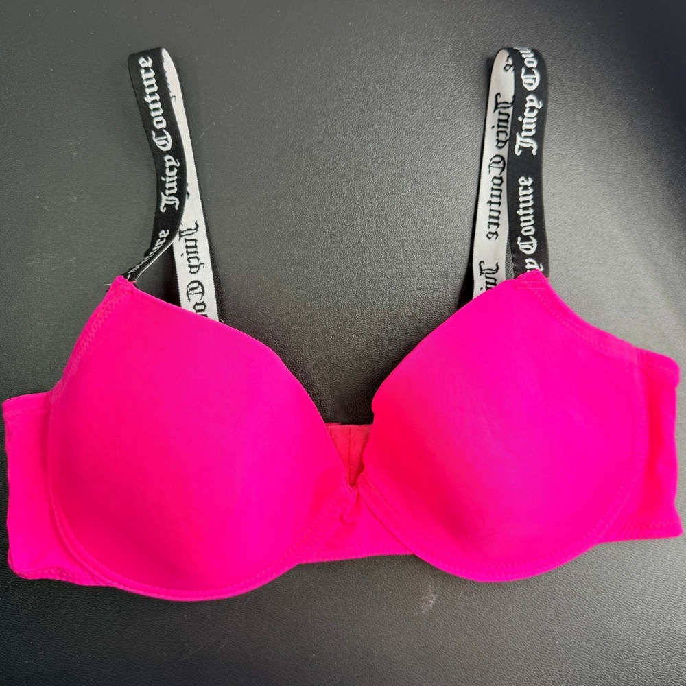 Y2K Juicy Couture Bra 38D Hot Pink T-Shirt Bra Padded Underwire Adj. Logo Straps